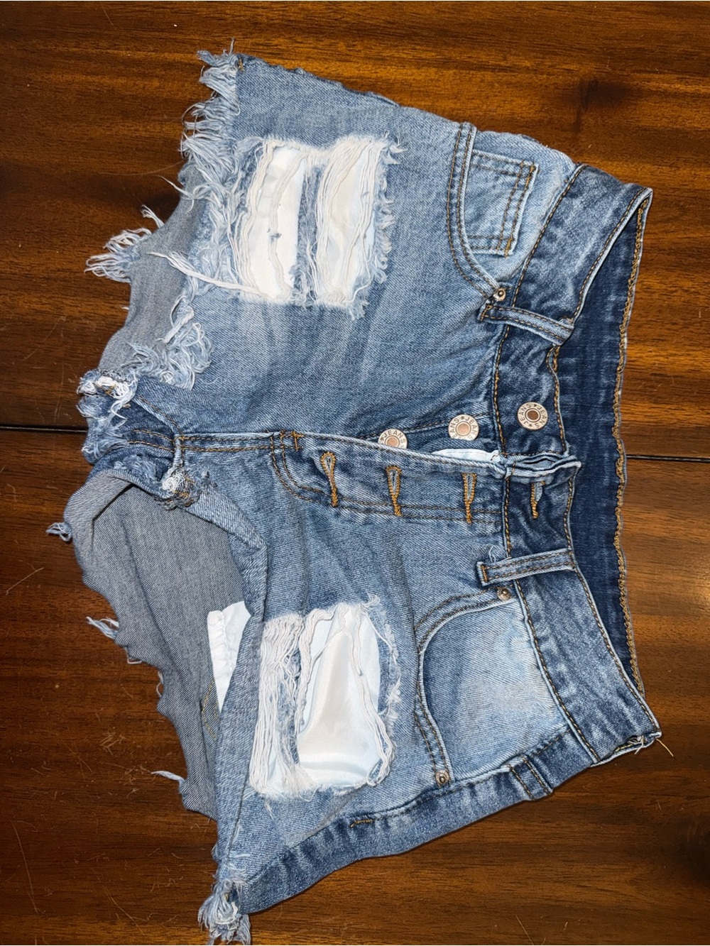 Distressed High-Rise Denim Shorts - Light Blue